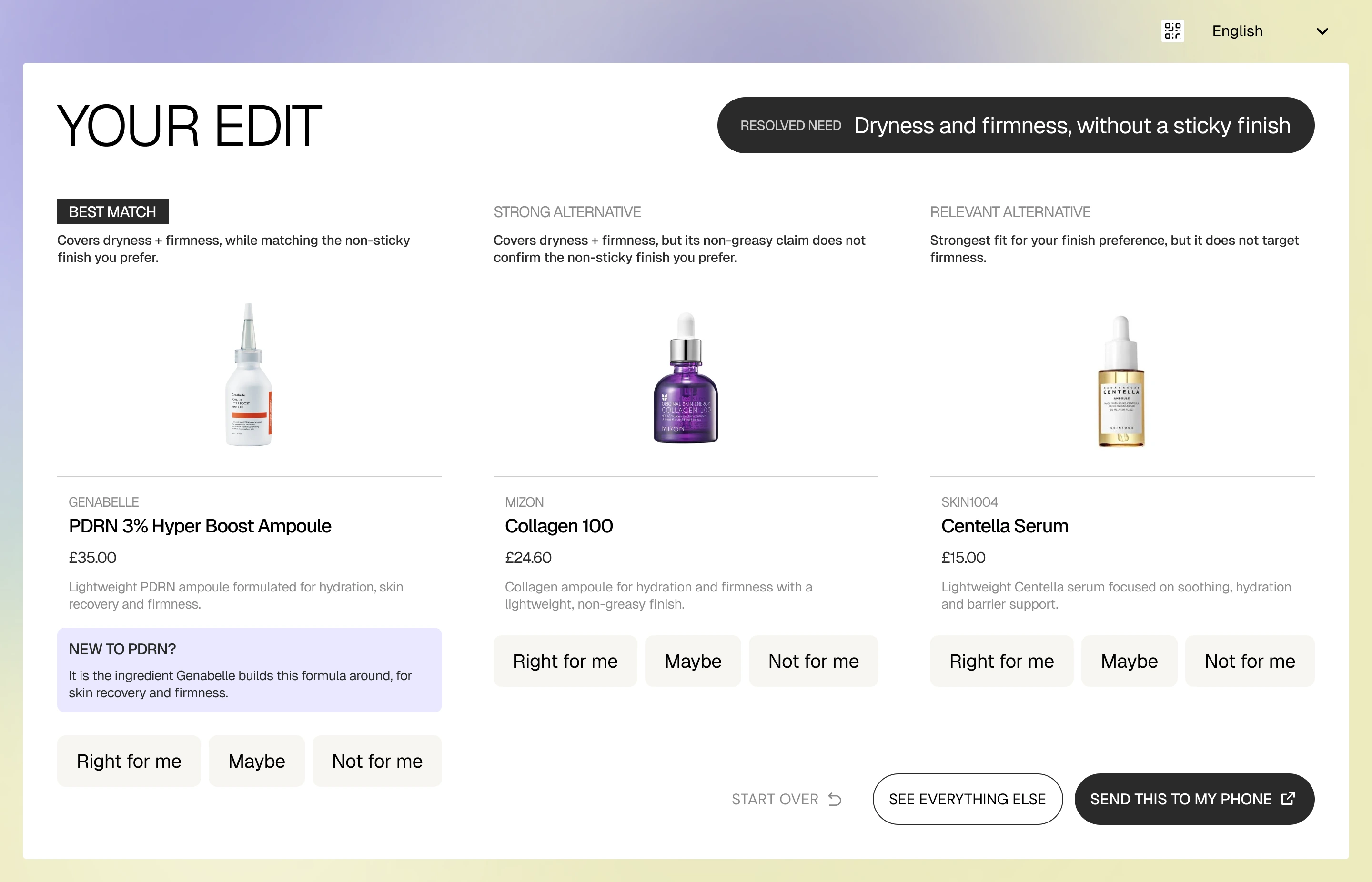 The consumer result screen: recommended products, each carrying the reason it was chosen